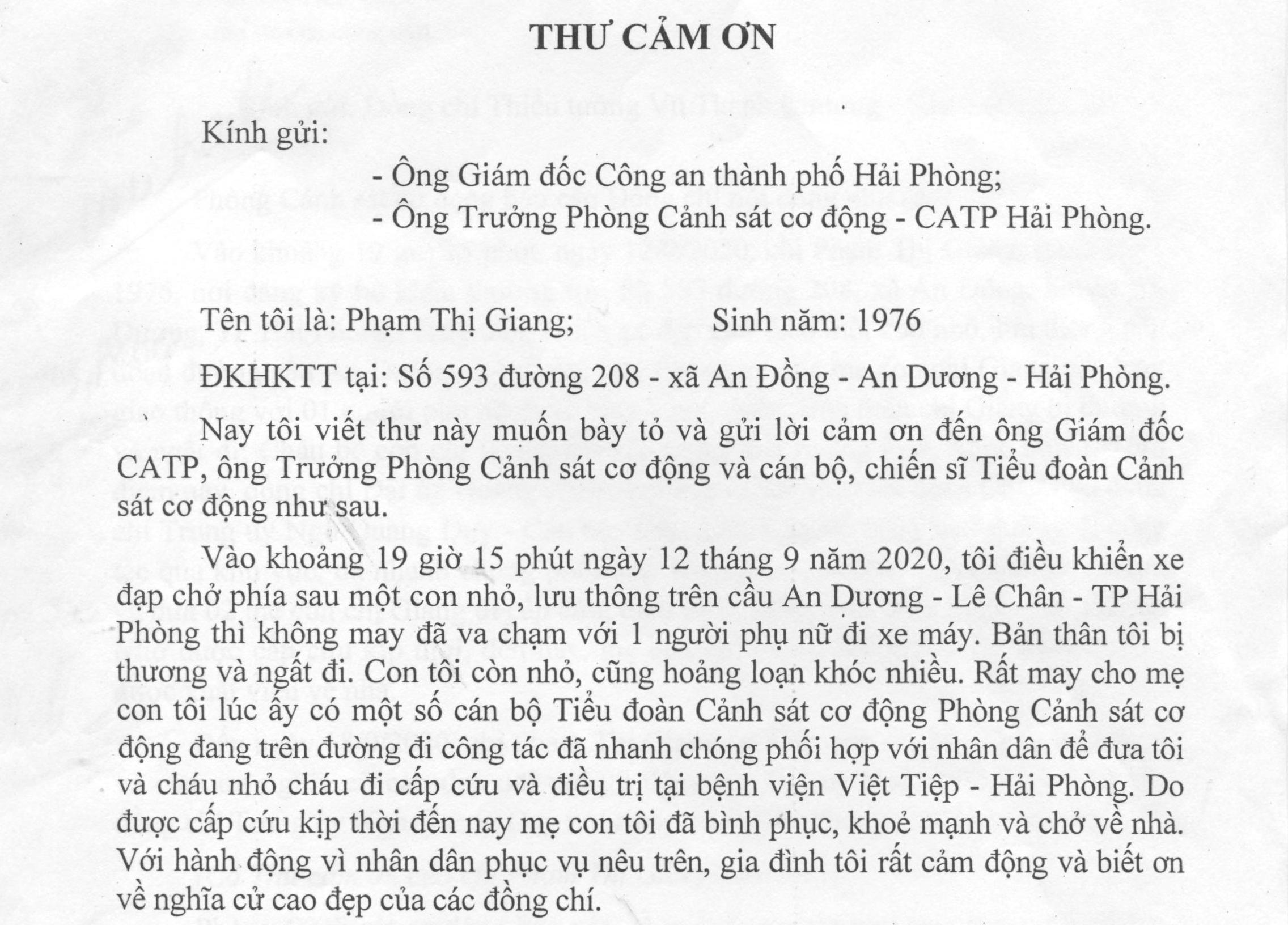 Chị Phạm Thị Giang ở xã An Đồng (huyện An Dương) gửi thư cảm ơn Phòng Cảnh sát cơ động- CATP